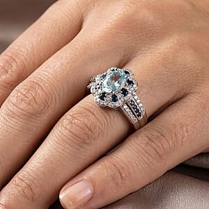 D'Joy Santa Maria Aquamarine and Multi Gemstone 1.35 ctw Ocean Crown Ring in Rhodium Over Sterling Silver (Size 10.0)