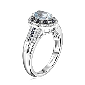 D'Joy Santa Maria Aquamarine and Multi Gemstone 1.35 ctw Ocean Crown Ring in Rhodium Over Sterling Silver (Size 10.0)