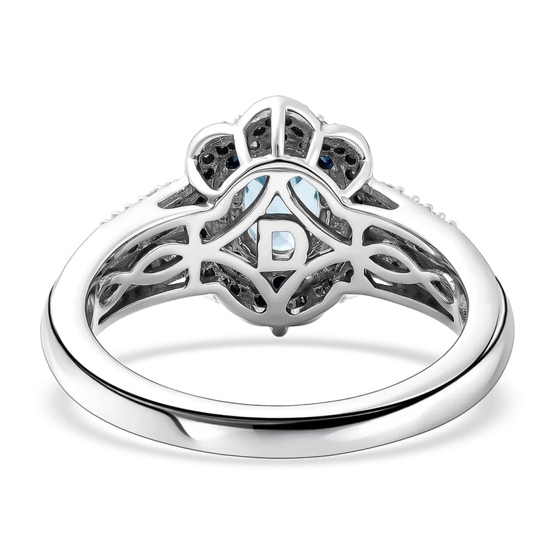 D'Joy Santa Maria Aquamarine and Multi Gemstone 1.35 ctw Ocean Crown Ring in Rhodium Over Sterling Silver (Size 10.0)