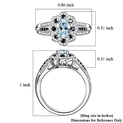 D'Joy Santa Maria Aquamarine and Multi Gemstone 1.35 ctw Ocean Crown Ring in Rhodium Over Sterling Silver (Size 10.0)