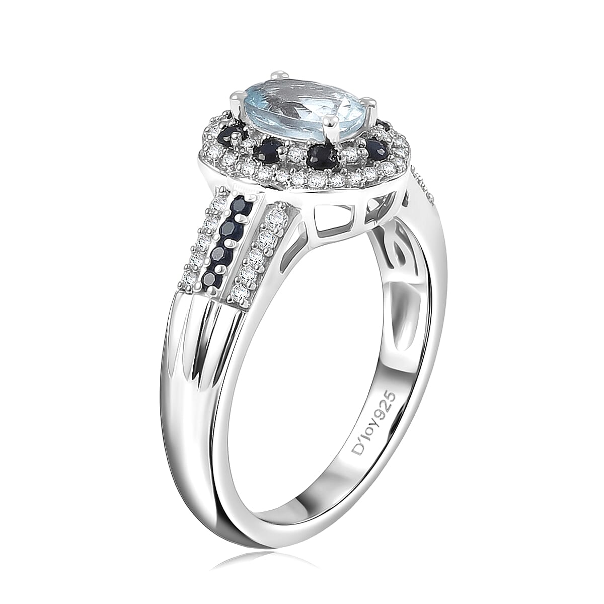 D'Joy Santa Maria Aquamarine and Multi Gemstone 1.35 ctw Ocean Crown Ring in Rhodium Over Sterling Silver (Size 7.0)