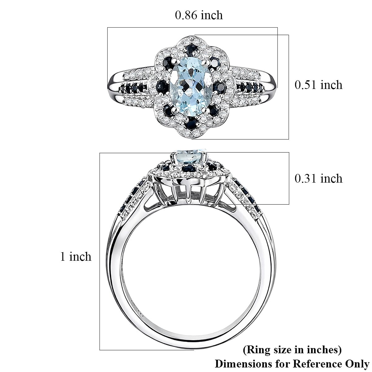 D'Joy Santa Maria Aquamarine and Multi Gemstone 1.35 ctw Ocean Crown Ring in Rhodium Over Sterling Silver (Size 7.0)