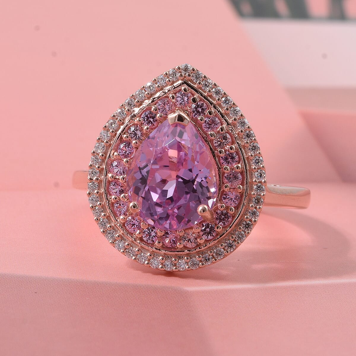 D'Joy AAAA Patroke Kunzite and Multi Gemstone 3.90 ctw Rose Halo Empress Ring in 18K Vermeil Rose Gold Over Sterling Silver (Size 10.0) image number 1