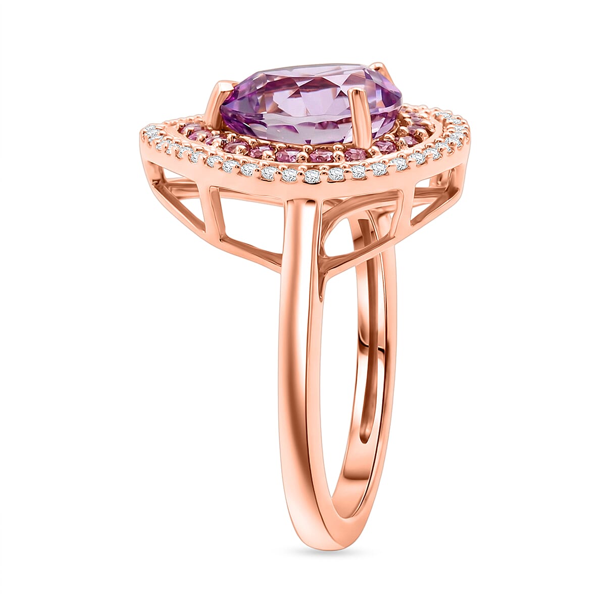 D'Joy AAAA Patroke Kunzite and Multi Gemstone 3.90 ctw Rose Halo Empress Ring in 18K Vermeil Rose Gold Over Sterling Silver (Size 10.0) image number 3