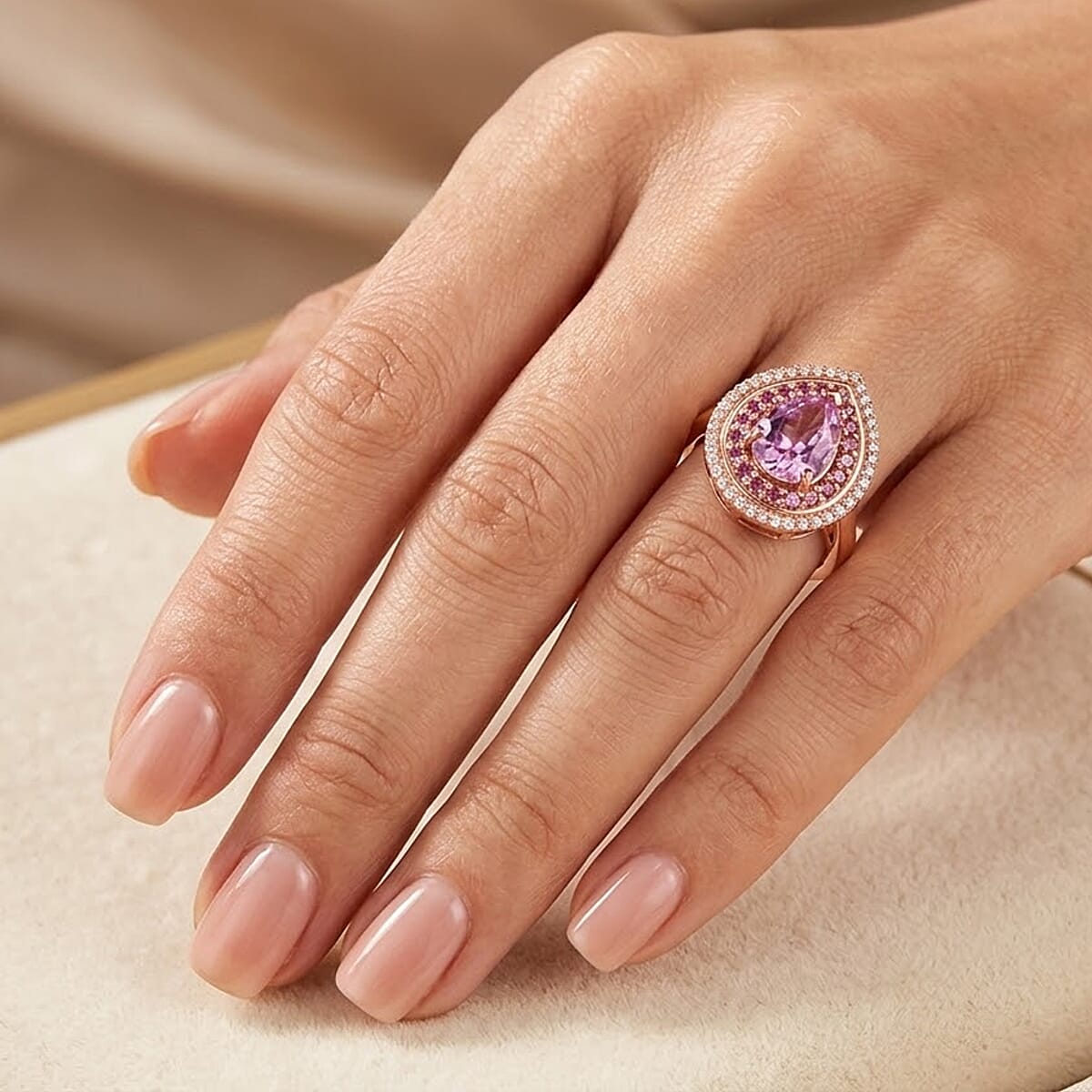 D'Joy AAAA Patroke Kunzite and Multi Gemstone 3.90 ctw Rose Halo Empress Ring in 18K Vermeil Rose Gold Over Sterling Silver (Size 6.0) image number 2