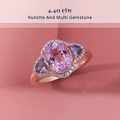 D'Joy AAAA Patroke Kunzite and Multi Gemstone 4.40 ctw Twilight Rose Ring in 18K Vermeil Rose Gold Over Sterling Silver (Size 9.0)