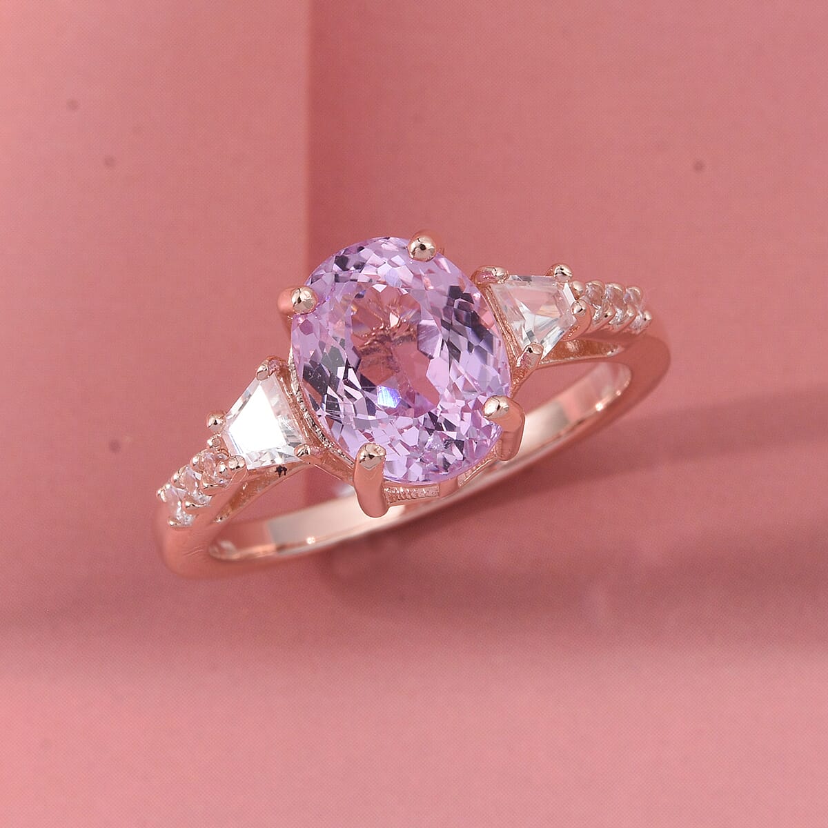 D'Joy AAAA Patroke Kunzite and Moissanite 4.40 ctw Ring in 18K Vermeil Rose Gold Over Sterling Silver (Size 6.0) image number 1