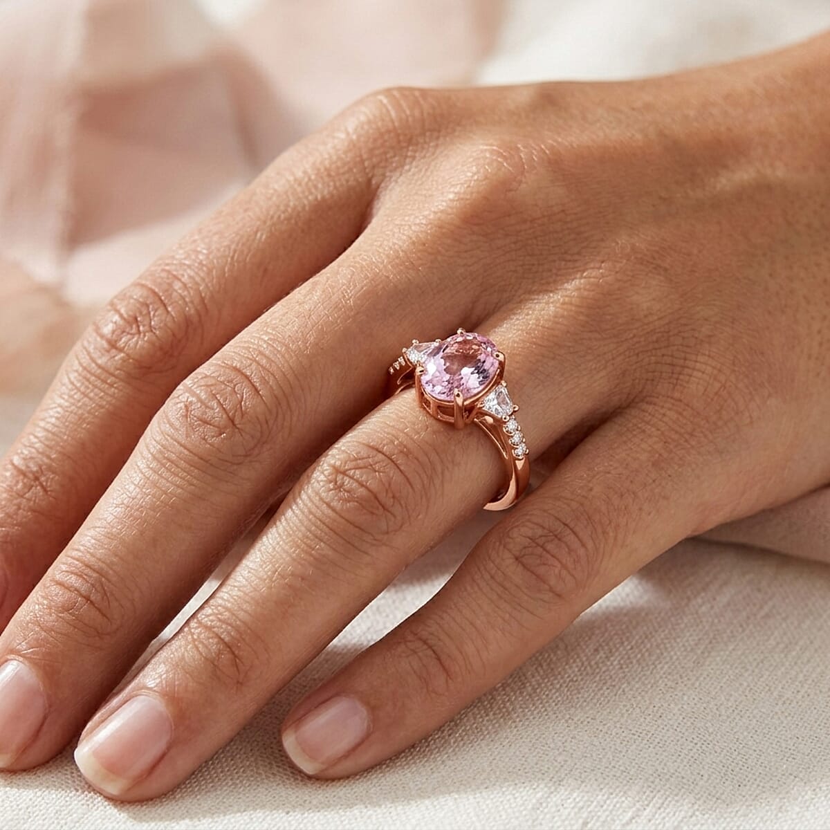 D'Joy AAAA Patroke Kunzite and Moissanite 4.40 ctw Ring in 18K Vermeil Rose Gold Over Sterling Silver image number 2