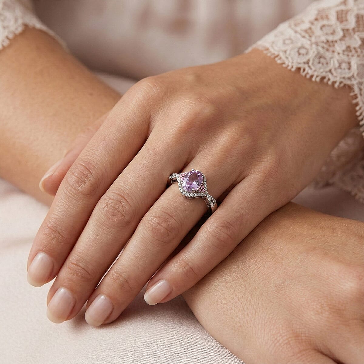 D'Joy AAAA Patroke Kunzite and Multi Gemstone 2.85 ctw Blush Infinity Crown Ring in Rhodium Over Sterling Silver (Size 10.0) (Del. in 8-10 Days) image number 2