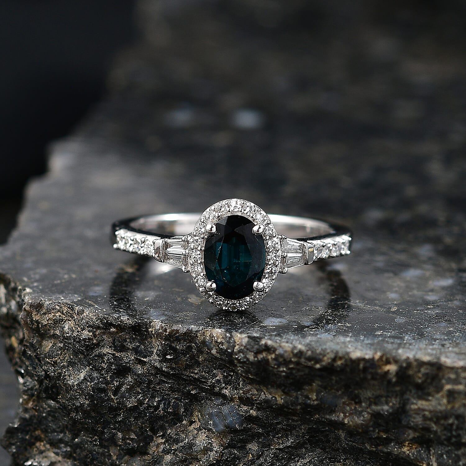 AAA Monte Belo Indicolite and Luxuriant Lab Grown Diamond G-H SI 1.10 ctw Ring in Rhodium Over Sterling Silver (Size 7.0)