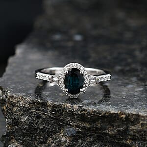 AAA Monte Belo Indicolite, Lab Grown Diamond Halo Ring in Rhodium Over Sterling Silver 1.10 ctw (Size 8.0)