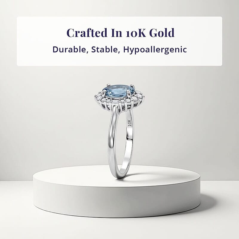 Certified & Appraised Luxoro AAA Santa Maria Aquamarine and White Diamond I2 1.30 ctw Ring in 10K White Gold (Size  5.0)