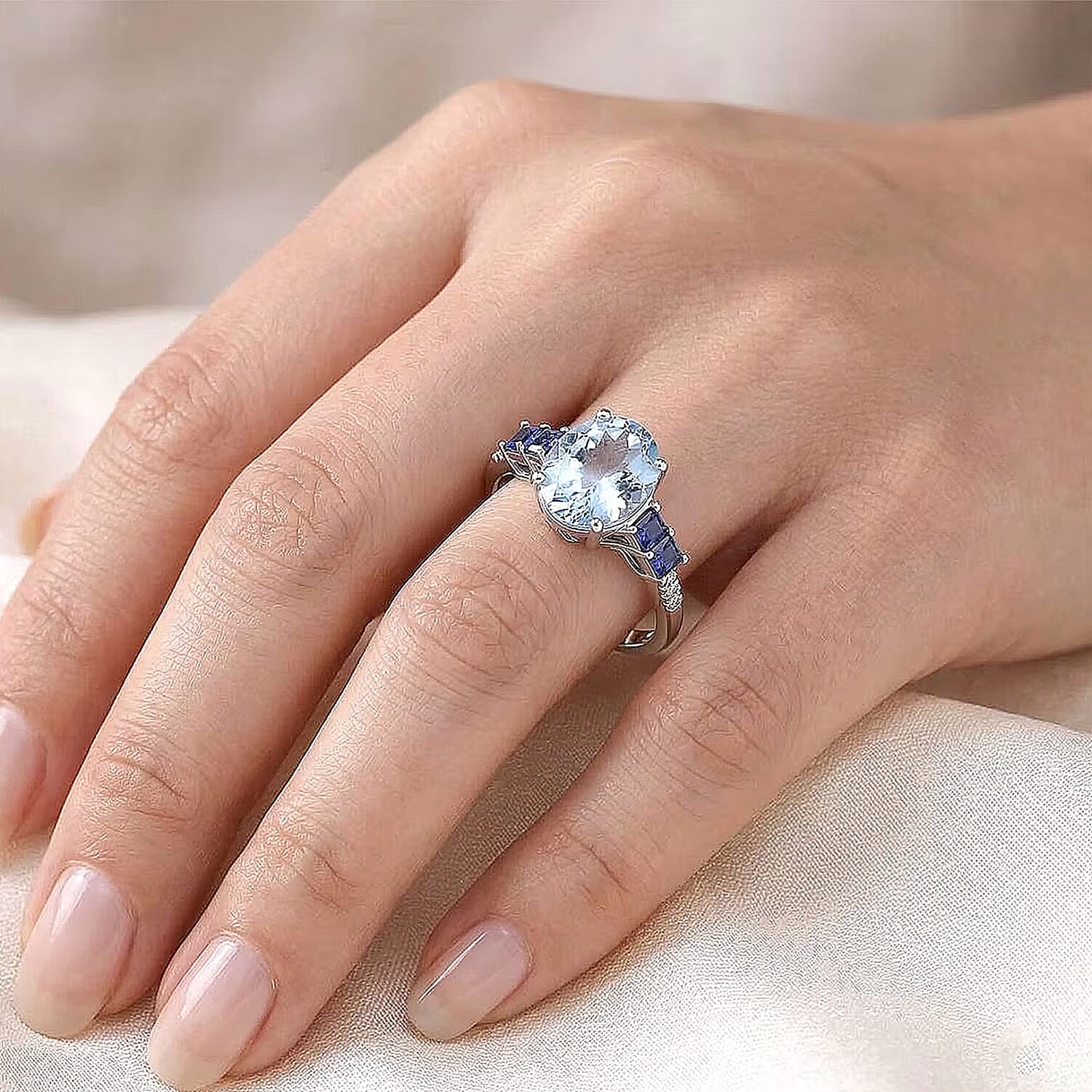 Certified and Appraised Luxoro AAA Santa Maria Aquamarine, Ceylon Sapphire and Diamond I2 2.80 ctw Ring in 10K White Gold (Size 10.0)