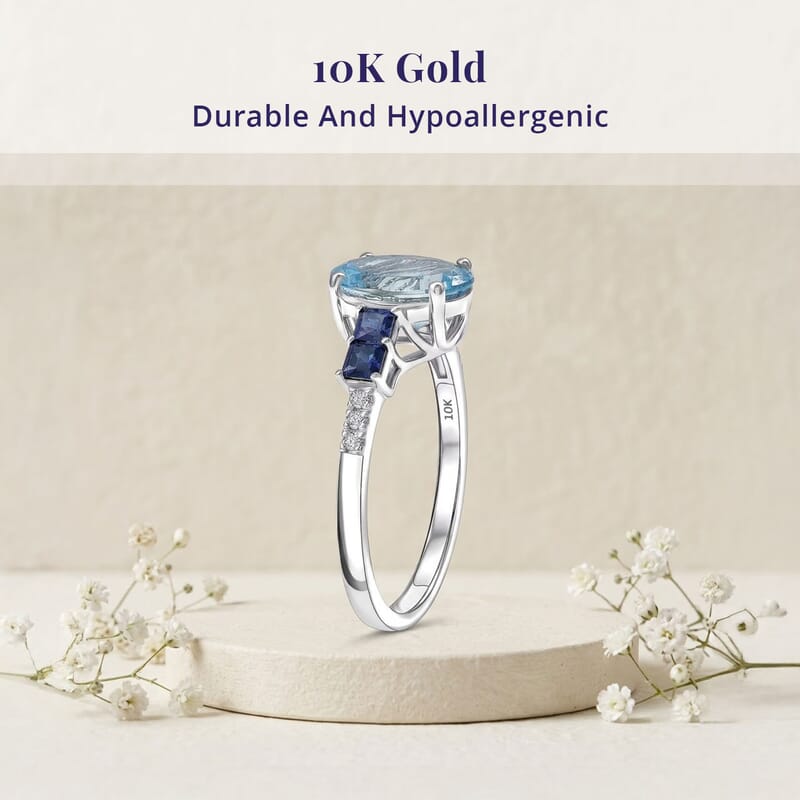 Certified and Appraised Luxoro AAA Santa Maria Aquamarine, Ceylon Sapphire and Diamond I2 2.80 ctw Ring in 10K White Gold (Size 10.0)