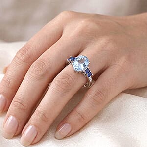 Certified & Appraised Luxoro AAA Santa Maria Aquamarine, Ceylon Sapphire and Diamond I2 2.80 ctw Ring in 10K White Gold (Size 5.50)