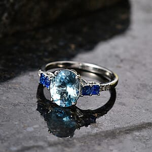 Certified & Appraised Luxoro AAA Santa Maria Aquamarine, Ceylon Sapphire and Diamond I2 2.79 ctw Ring in 10K White Gold