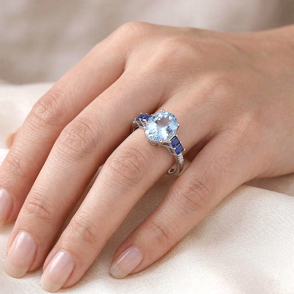 Certified & Appraised Luxoro AAA Santa Maria Aquamarine, Ceylon Sapphire and Diamond I2 2.79 ctw Ring in 10K White Gold image number 2