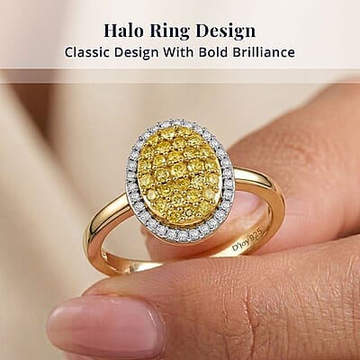 D'Joy Natural Yellow and White Diamond 0.50 ctw Sunburst Halo Ring in 18K Vermeil Yellow Gold Sterling Silver (Size 9.0)