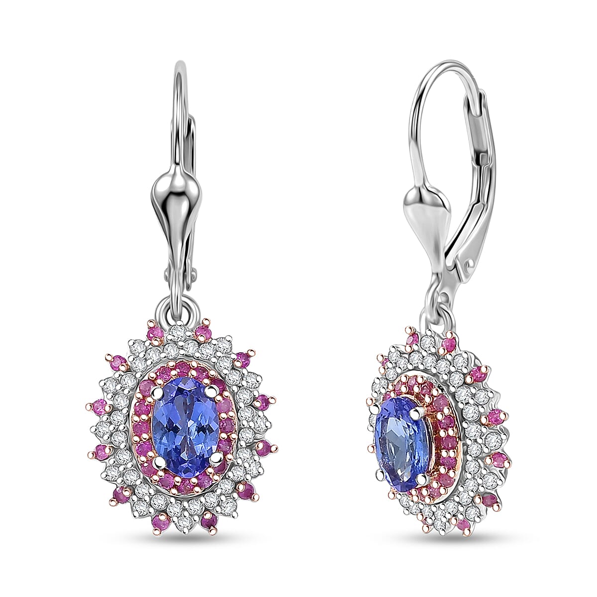 D'Joy Premium Tanzanite and Multi Gemstone 1.65 ctw Floral Bloom Earrings in Rhodium Over Sterling Silver
