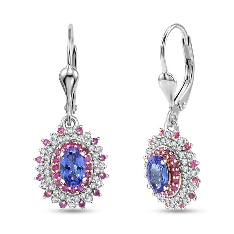 D'Joy Premium Tanzanite and Multi Gemstone 1.65 ctw Floral Bloom Earrings in Rhodium Over Sterling Silver