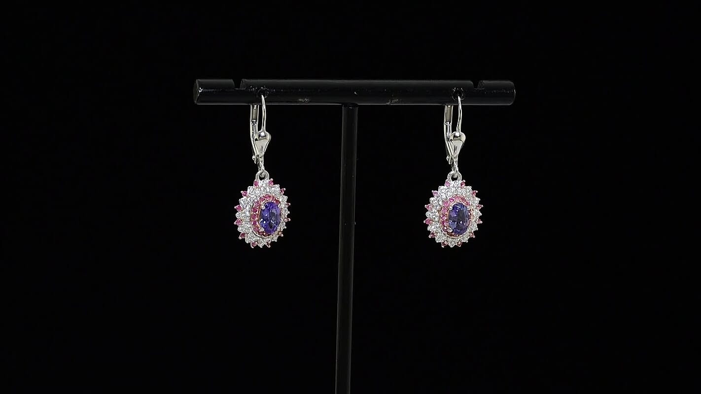 D'Joy Premium Peacock Tanzanite and Multi Gemstone 1.90 ctw Earrings in Rhodium Over Sterling Silver