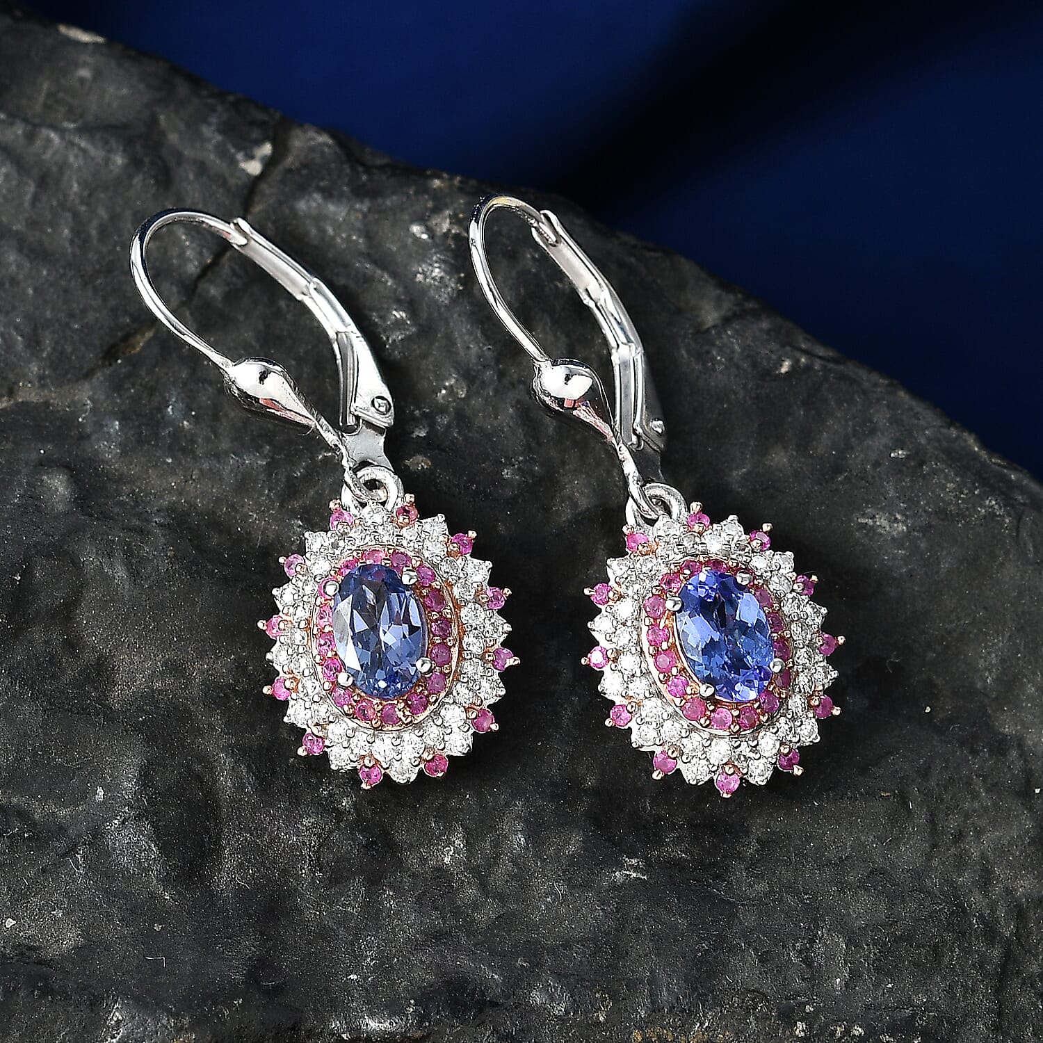 D'Joy Premium Tanzanite and Multi Gemstone 1.65 ctw Floral Bloom Earrings in Rhodium Over Sterling Silver
