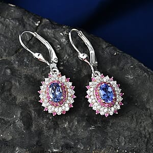 D'Joy Premium Tanzanite and Multi Gemstone 1.65 ctw Earrings in Rhodium Over Sterling Silver