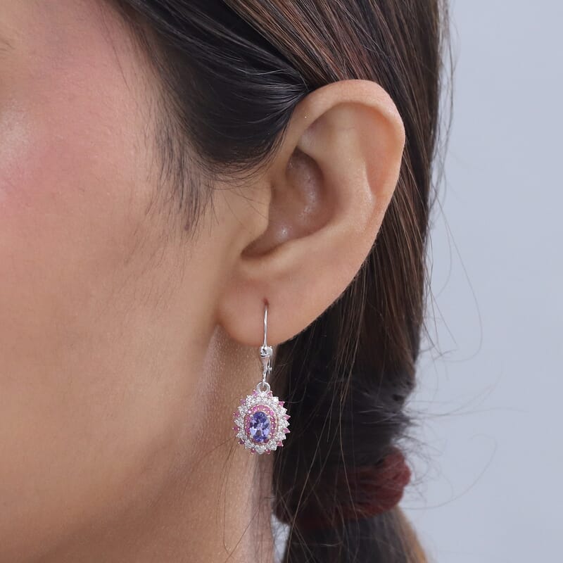 D'Joy Premium Tanzanite and Multi Gemstone 1.65 ctw Floral Bloom Earrings in Rhodium Over Sterling Silver