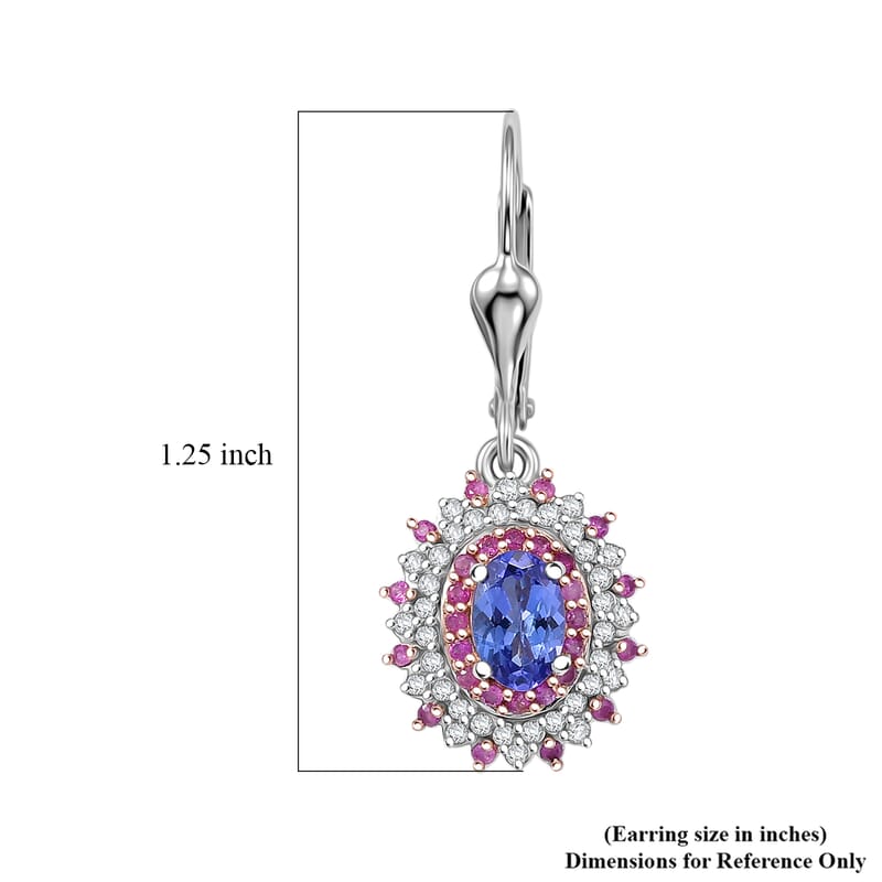 D'Joy Premium Tanzanite and Multi Gemstone 1.65 ctw Floral Bloom Earrings in Rhodium Over Sterling Silver