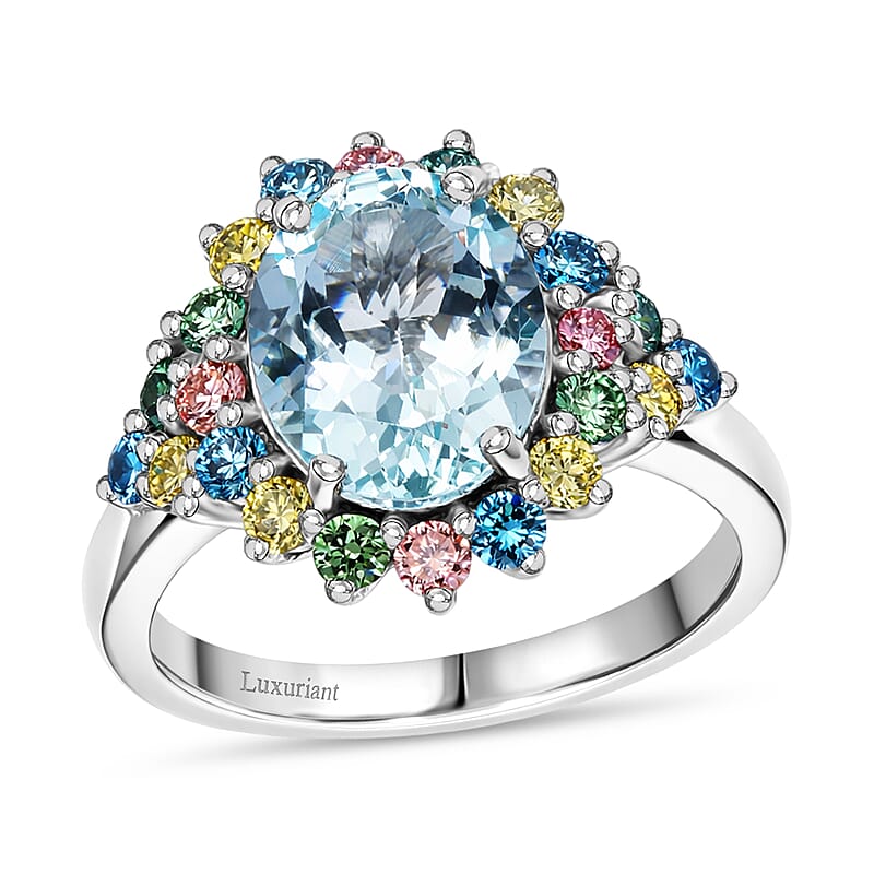 AAA Mangoro Aquamarine and Luxuriant Lab Grown Multi Diamond (IR) (SI) 3.00 ctw Ocean Bloom Ring in Rhodium Over Sterling Silver (Size 10.0)