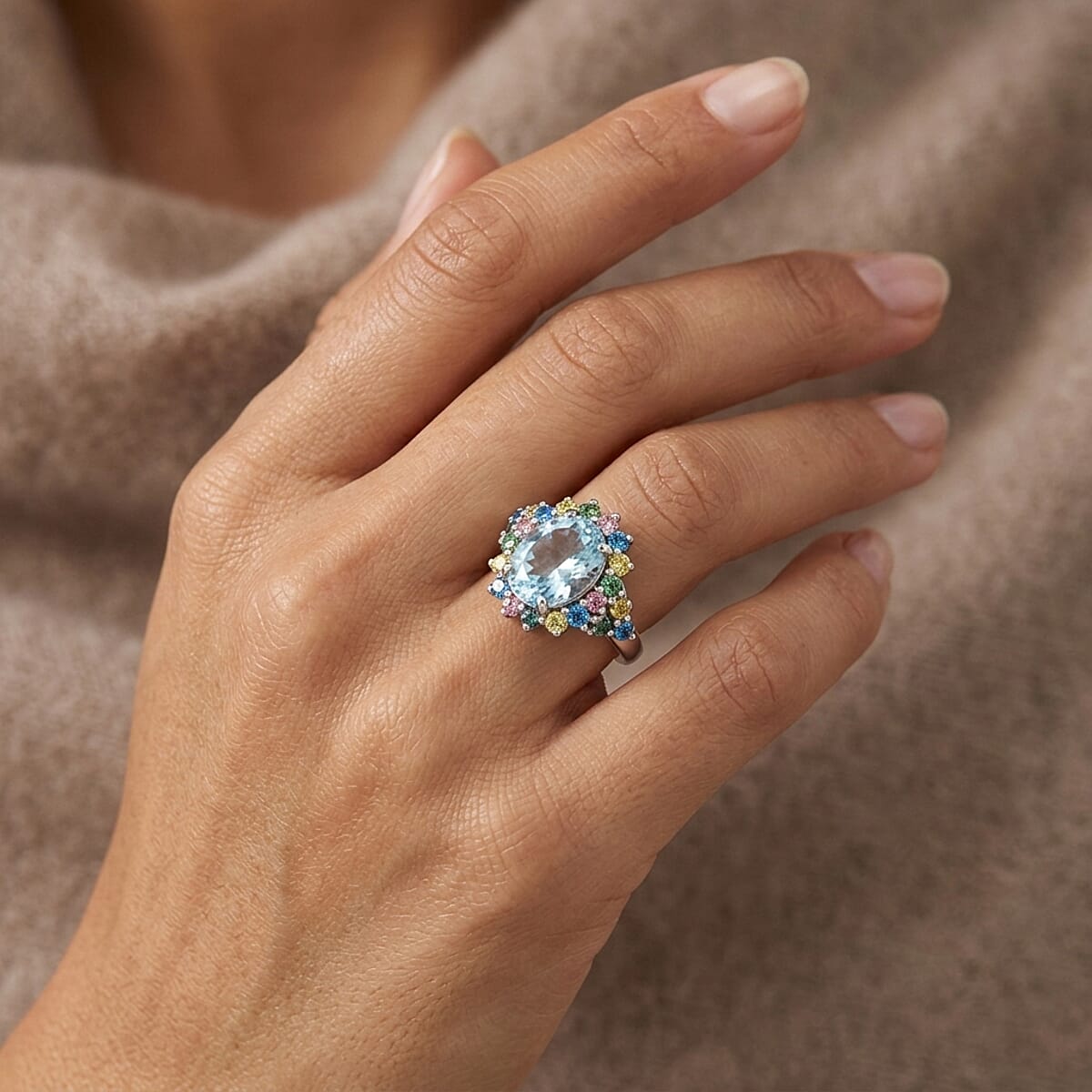 AAA Mangoro Aquamarine and Luxuriant Lab Grown Multi Diamond (IR) (SI) 3.00 ctw Ring in Rhodium Over Sterling Silver (Size 10.0) image number 1