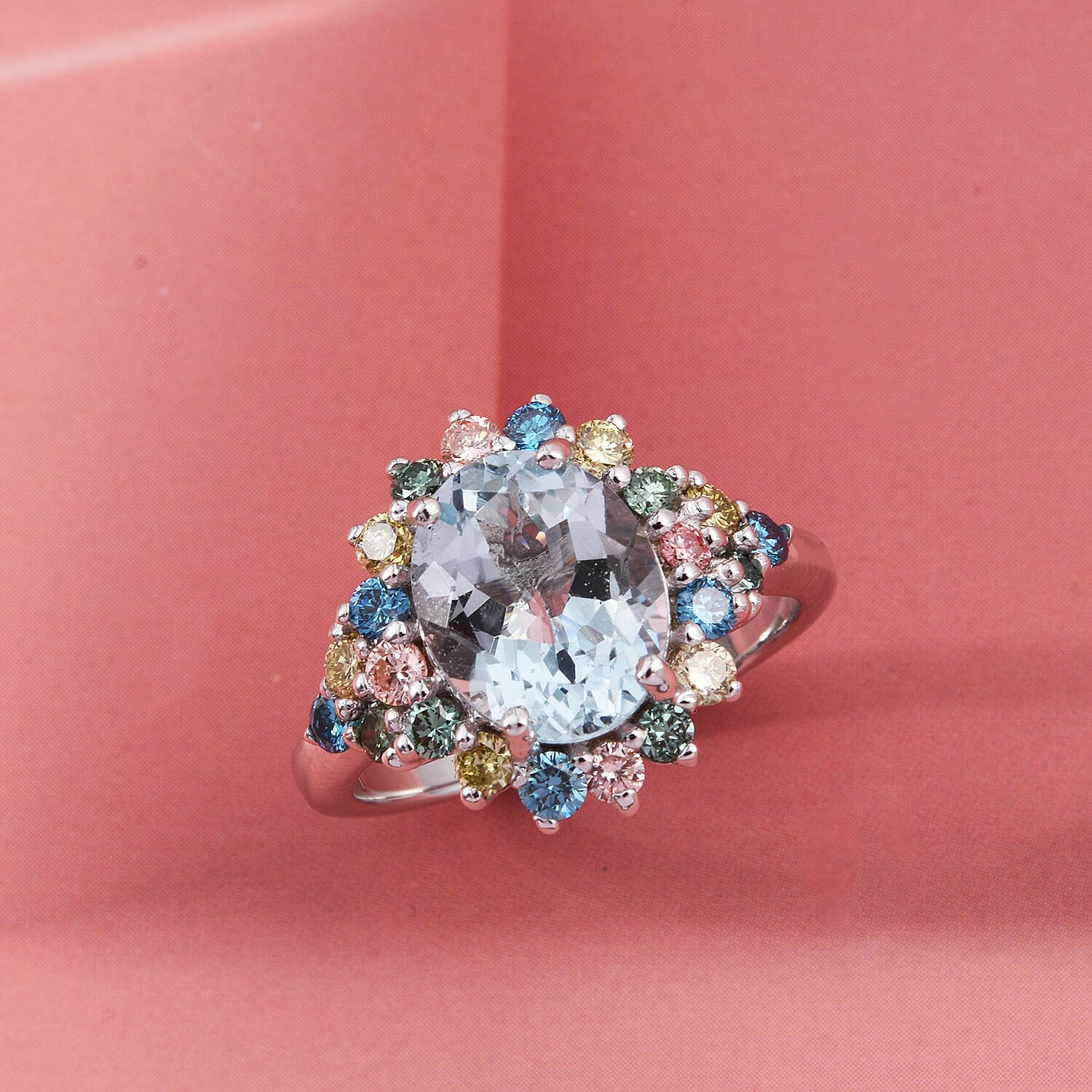 AAA Mangoro Aquamarine and Luxuriant Lab Grown Multi Diamond (IR) (SI) 3.00 ctw Ocean Bloom Ring in Rhodium Over Sterling Silver (Size 10.0)