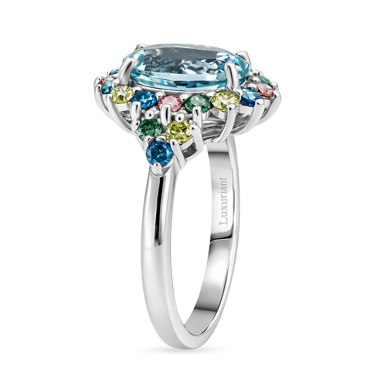 AAA Mangoro Aquamarine and Luxuriant Lab Grown Multi Diamond (IR) (SI) 3.00 ctw Ring in Rhodium Over Sterling Silver (Size 10.0) image number 3