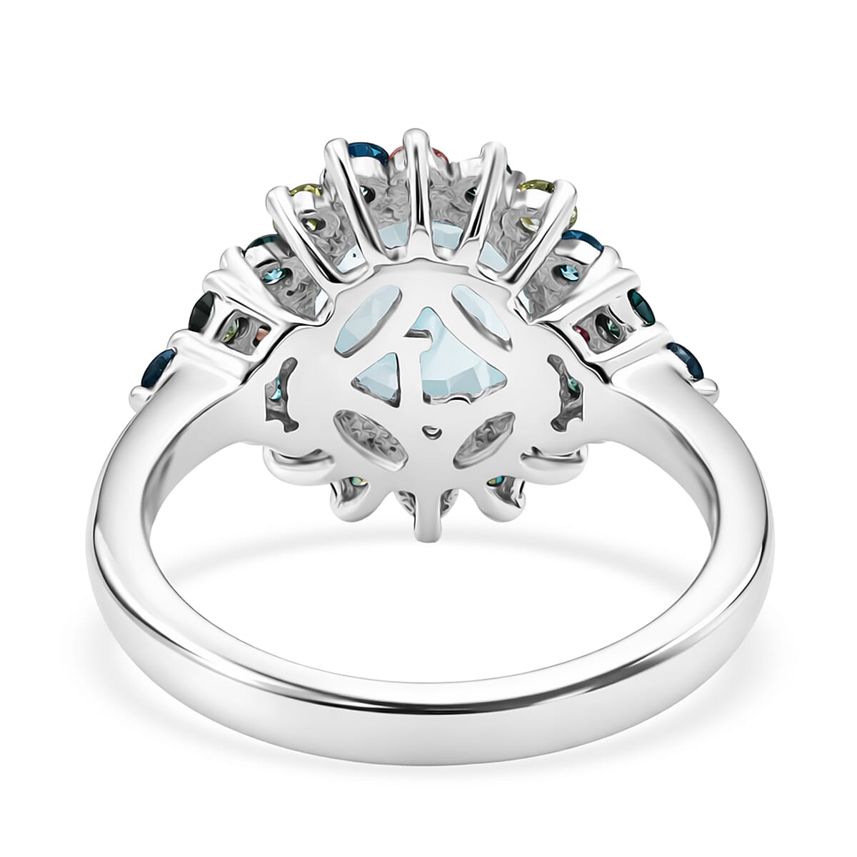 AAA Mangoro Aquamarine and Luxuriant Lab Grown Multi Diamond (IR) (SI) 3.00 ctw Ocean Bloom Ring in Rhodium Over Sterling Silver (Size 10.0)