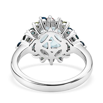 AAA Mangoro Aquamarine and Luxuriant Lab Grown Multi Diamond (IR) (SI) 3.00 ctw Ocean Bloom Ring in Rhodium Over Sterling Silver (Size 10.0)