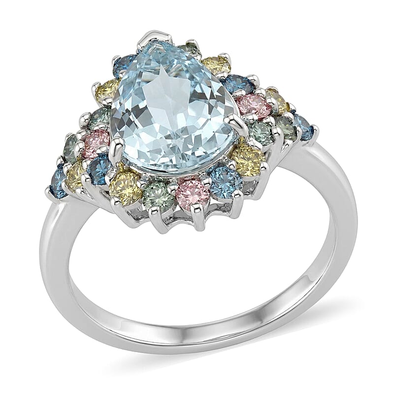 AAA Mangoro Aquamarine and Luxuriant Lab Grown Multi Diamond (IR) (SI) 3.00 ctw Ocean Bloom Ring in Rhodium Over Sterling Silver (Size 10.0)