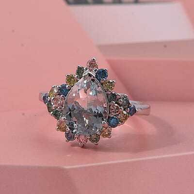 AAA Mangoro Aquamarine and Luxuriant Lab Grown Multi Diamond (IR) (SI) 3.00 ctw Ocean Bloom Ring in Rhodium Over Sterling Silver (Size 10.0)