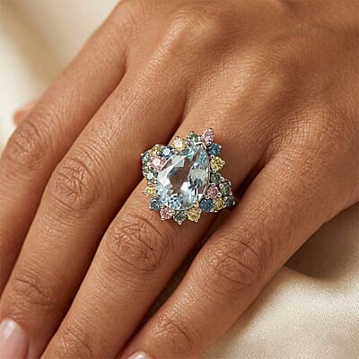 AAA Mangoro Aquamarine and Luxuriant Lab Grown Multi Diamond (IR) (SI) 3.00 ctw Ocean Bloom Ring in Rhodium Over Sterling Silver (Size 10.0)
