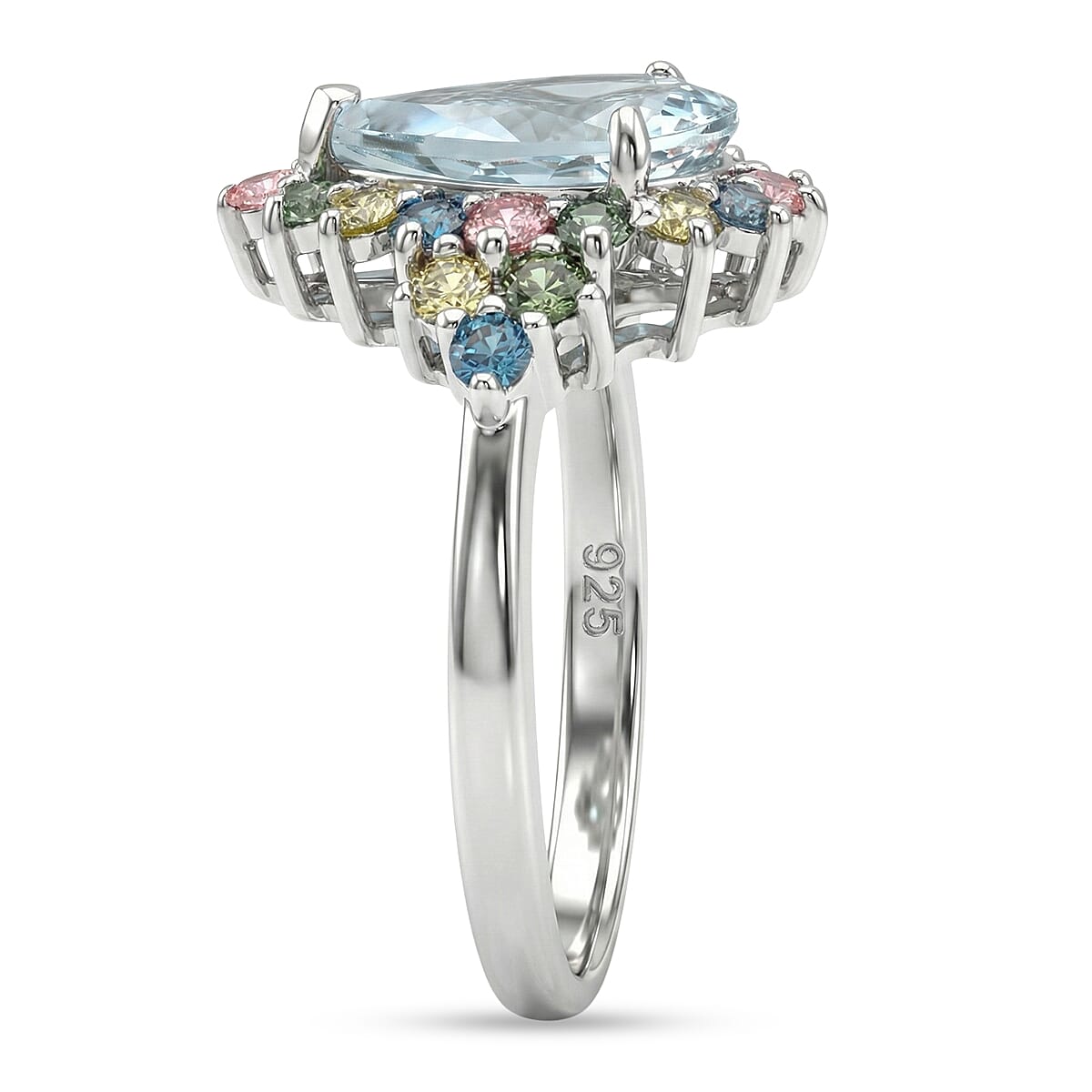 AAA Mangoro Aquamarine and Luxuriant Lab Grown Multi Diamond (IR) (SI) 3.00 ctw Ocean Bloom Ring in Rhodium Over Sterling Silver (Size 10.0)
