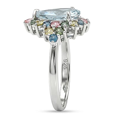 AAA Mangoro Aquamarine and Luxuriant Lab Grown Multi Diamond (IR) (SI) 3.00 ctw Ocean Bloom Ring in Rhodium Over Sterling Silver (Size 10.0)