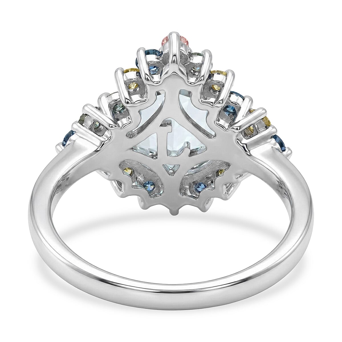 AAA Mangoro Aquamarine and Luxuriant Lab Grown Multi Diamond (IR) (SI) 3.00 ctw Ocean Bloom Ring in Rhodium Over Sterling Silver (Size 10.0)