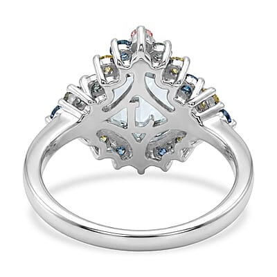 AAA Mangoro Aquamarine and Luxuriant Lab Grown Multi Diamond (IR) (SI) 3.00 ctw Ocean Bloom Ring in Rhodium Over Sterling Silver (Size 10.0)