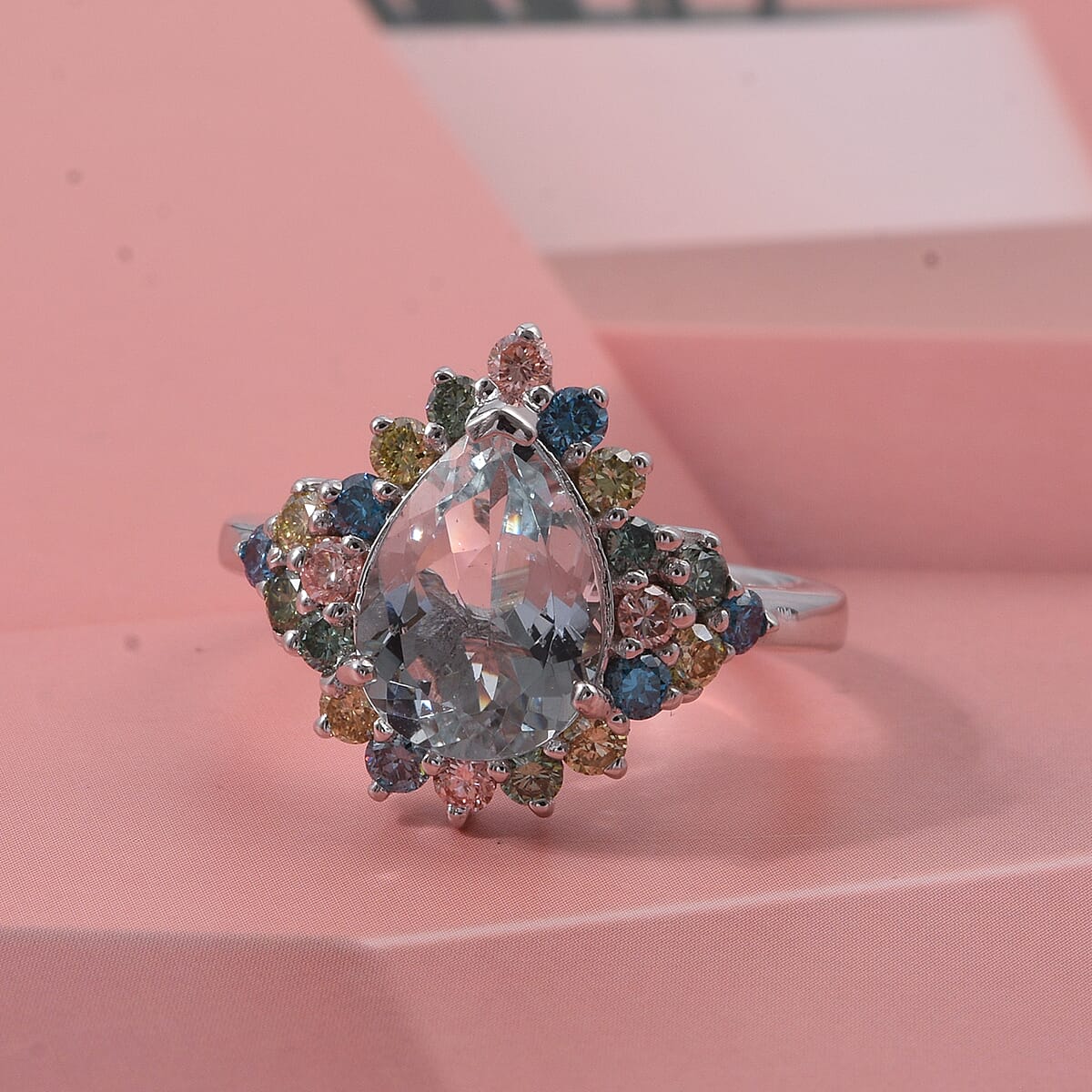 AAA Mangoro Aquamarine and Luxuriant Lab Grown Multi Diamond (IR) (SI) 3.00 ctw Ring in Rhodium Over Sterling Silver (Size 7.0) image number 1