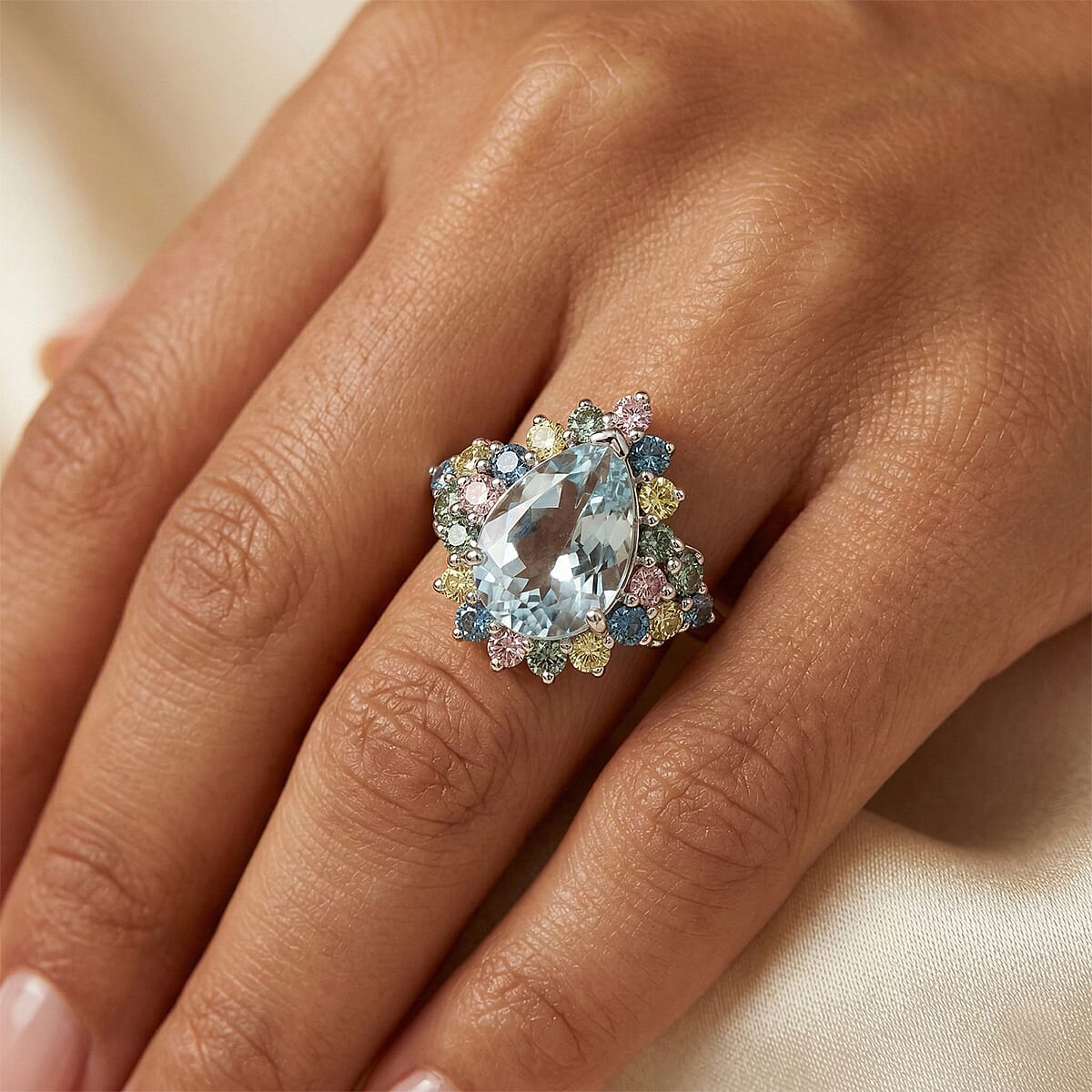 AAA Mangoro Aquamarine and Luxuriant Lab Grown Multi Diamond (IR) (SI) 3.00 ctw Ring in Rhodium Over Sterling Silver (Size 7.0) image number 2