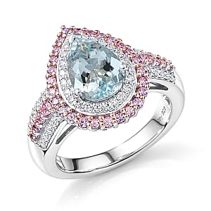 D'Joy Premium Mangoro Santo Aquamarine and Multi Gemstone 2.60 ctw Ring in Rhodium Over Sterling Silver (Size 7.0)