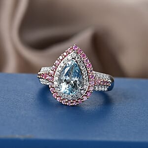 D'Joy Premium Mangoro Santo Aquamarine and Multi Gemstone 2.60 ctw Ring in Rhodium Over Sterling Silver (Size 7.0)