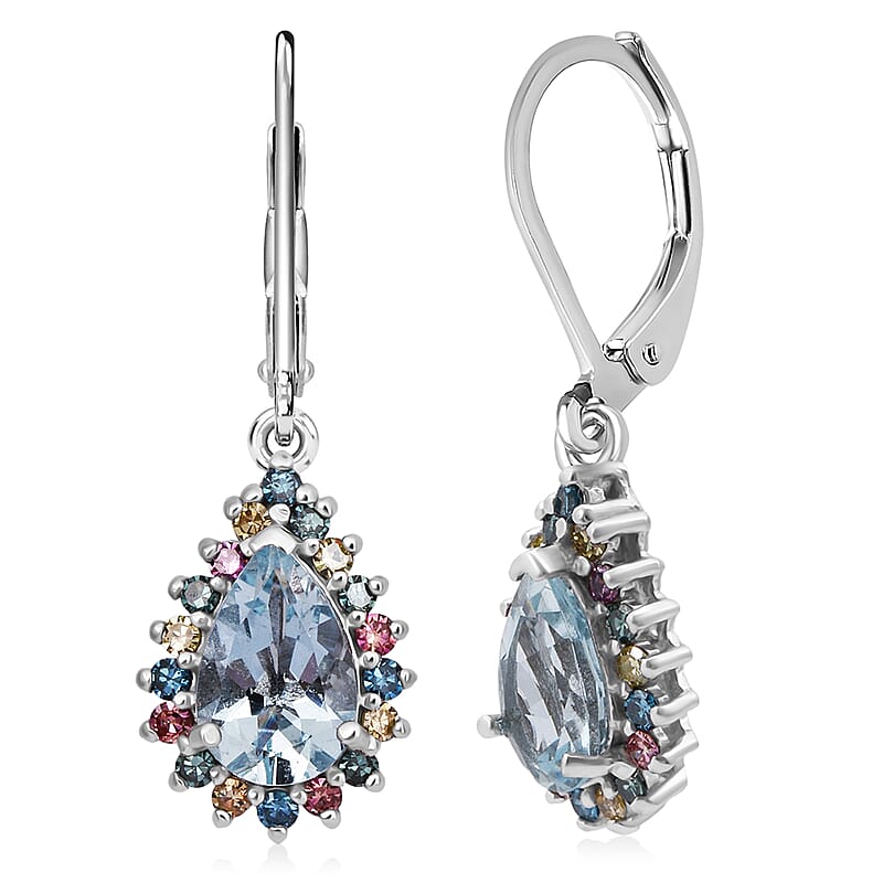AAA Mangoro Aquamarine and Luxuriant Lab Grown Multi Diamond (IR) (SI) 2.80 ctw Ocean Bloom Earrings in Rhodium Over Sterling Silver