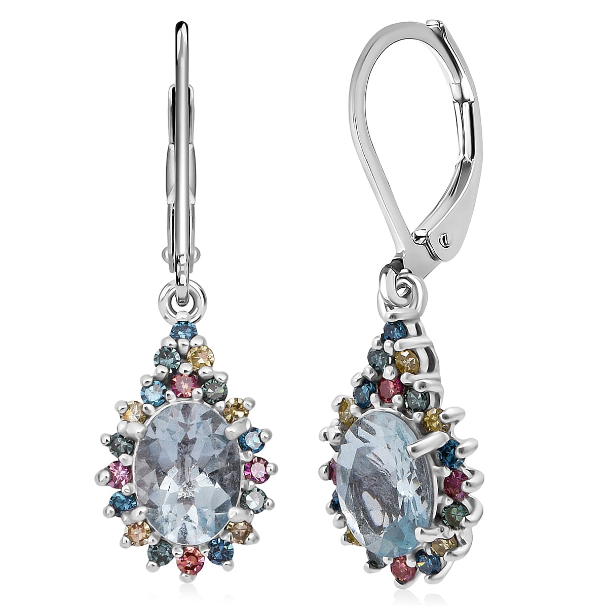 AAA Mangoro Aquamarine and Luxuriant Lab Grown Multi Diamond (IR) (SI) 2.80 ctw Ocean Bloom Earrings in Rhodium Over Sterling Silver