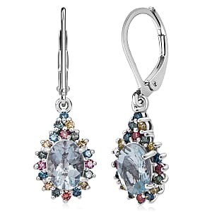 AAA Mangoro Aquamarine and Luxuriant Lab Grown Multi Diamond (IR) (SI) 2.80 ctw Ocean Bloom Earrings in Rhodium Over Sterling Silver