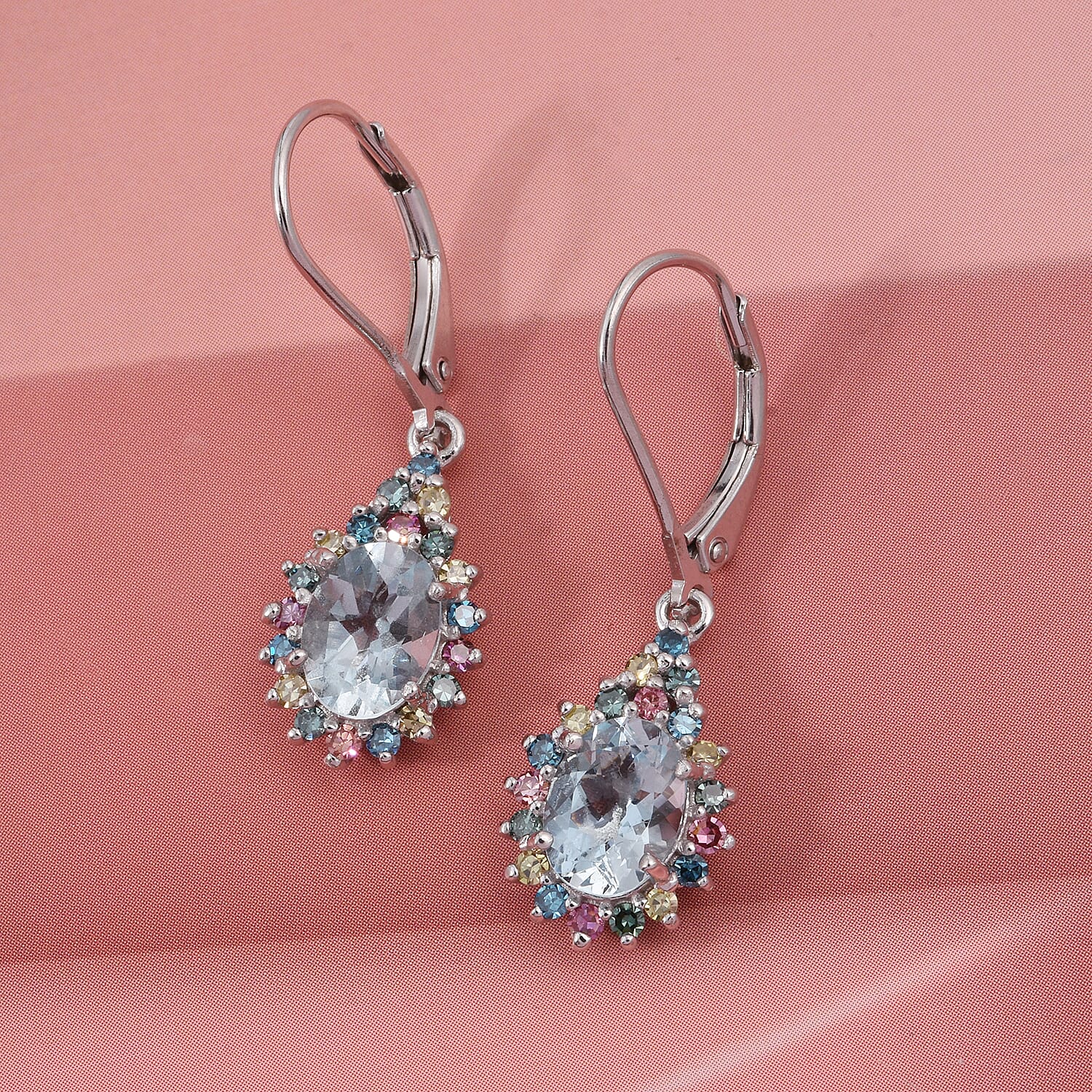 AAA Mangoro Aquamarine and Luxuriant Lab Grown Multi Diamond (IR) (SI) 2.80 ctw Ocean Bloom Earrings in Rhodium Over Sterling Silver